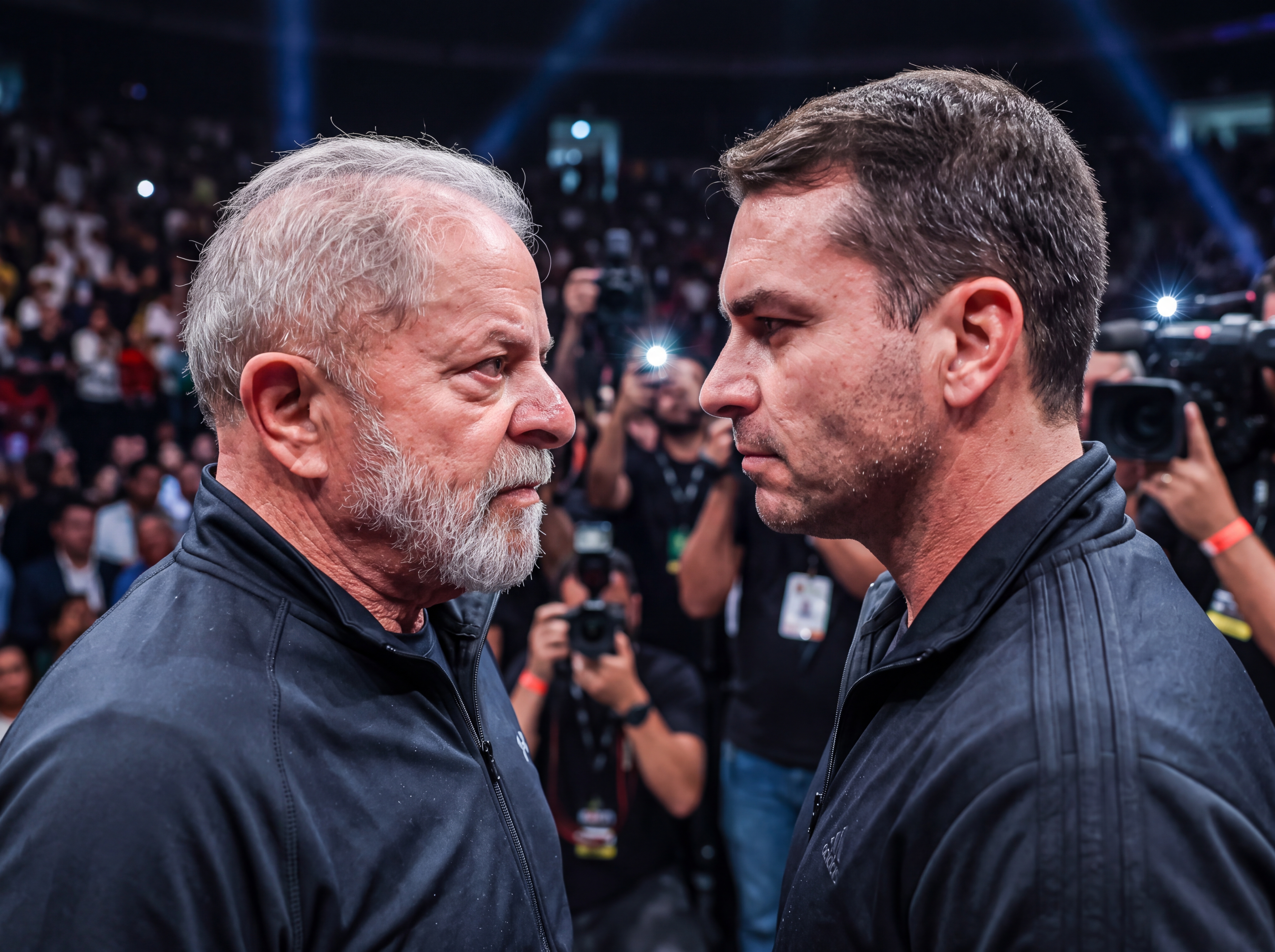 Ilustração gerada por IA: Lula à esquerda e Flávio Bolsonaro à direita, frente a frente.